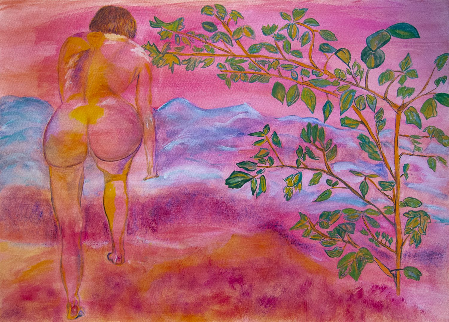 Pink Paining of a Woman going into Waves with a Tree to her Side