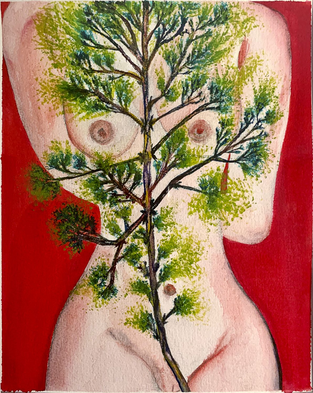 Paining of Nude Torso against Red with Tree in Front