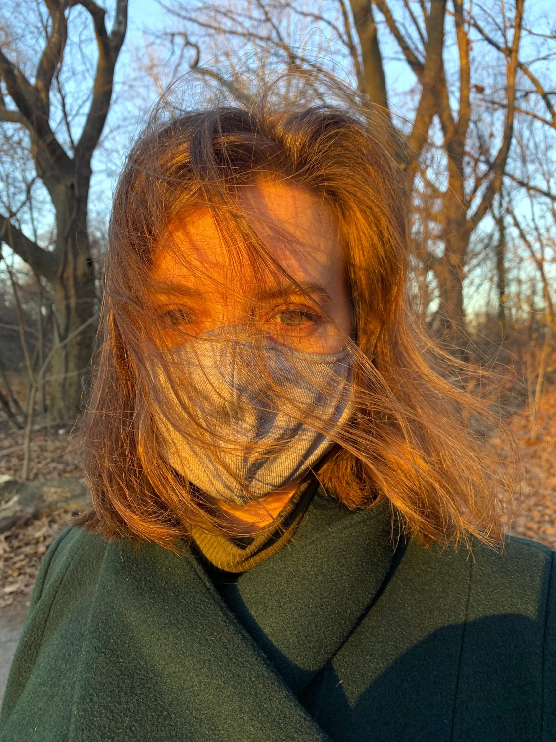Mary in Prospect Park December 2020 Pretty Red Light Accross Red Hair and Grey Mask