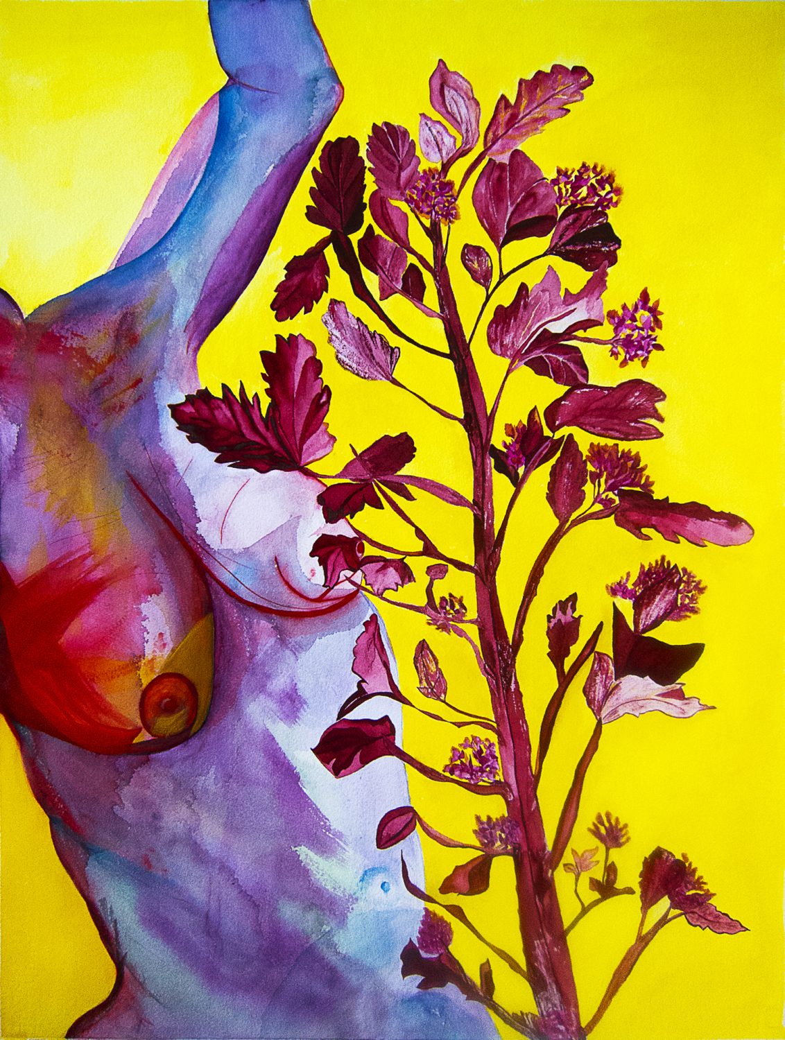 Nude Front Torso Woman Dancing with a Branch of Maroon Leaves