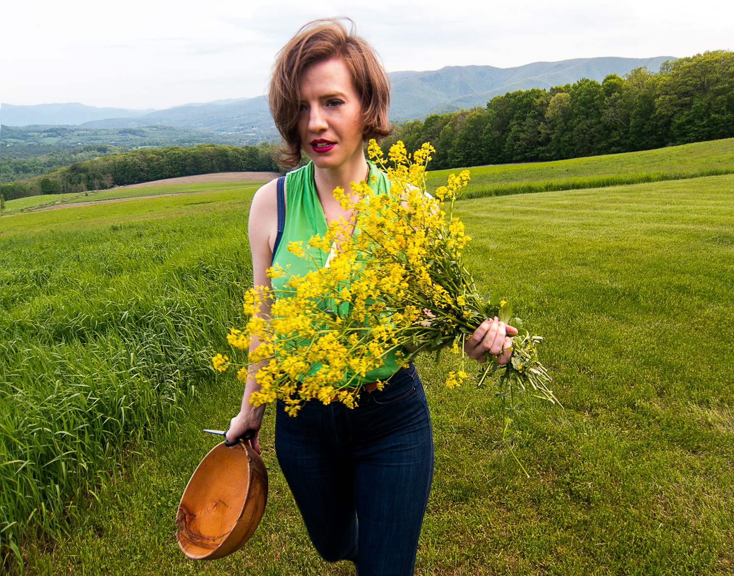 Mary with Hand Picked Wild Yellow Flowers in a Vermont Valley