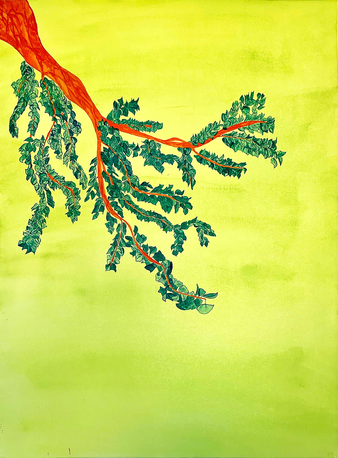 Watercolor painting with red branch and blue leaves